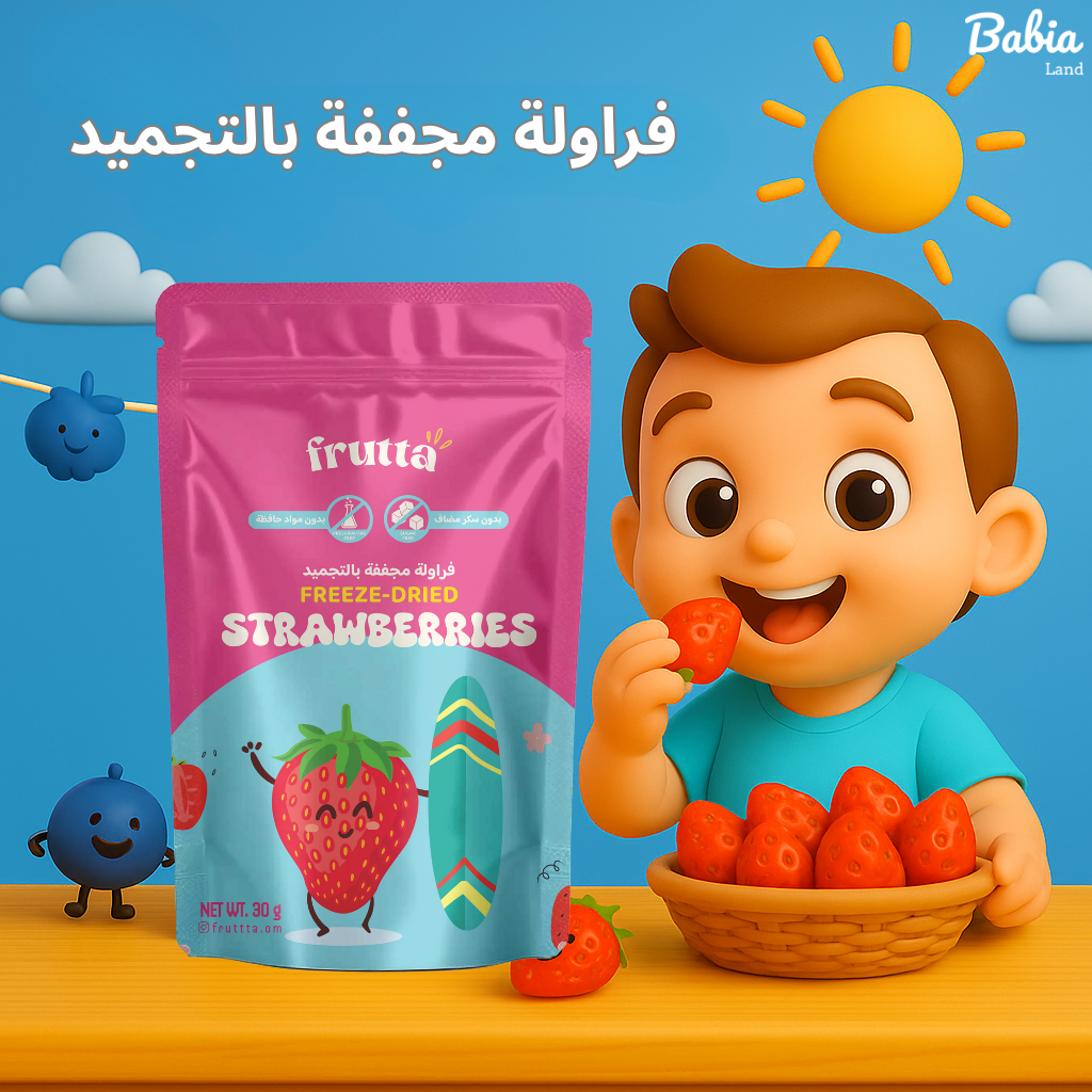 طفل صغير يستمتع بتناول فراولة مجففة بالتجميد من Frutta بجانب عبوة المنتج